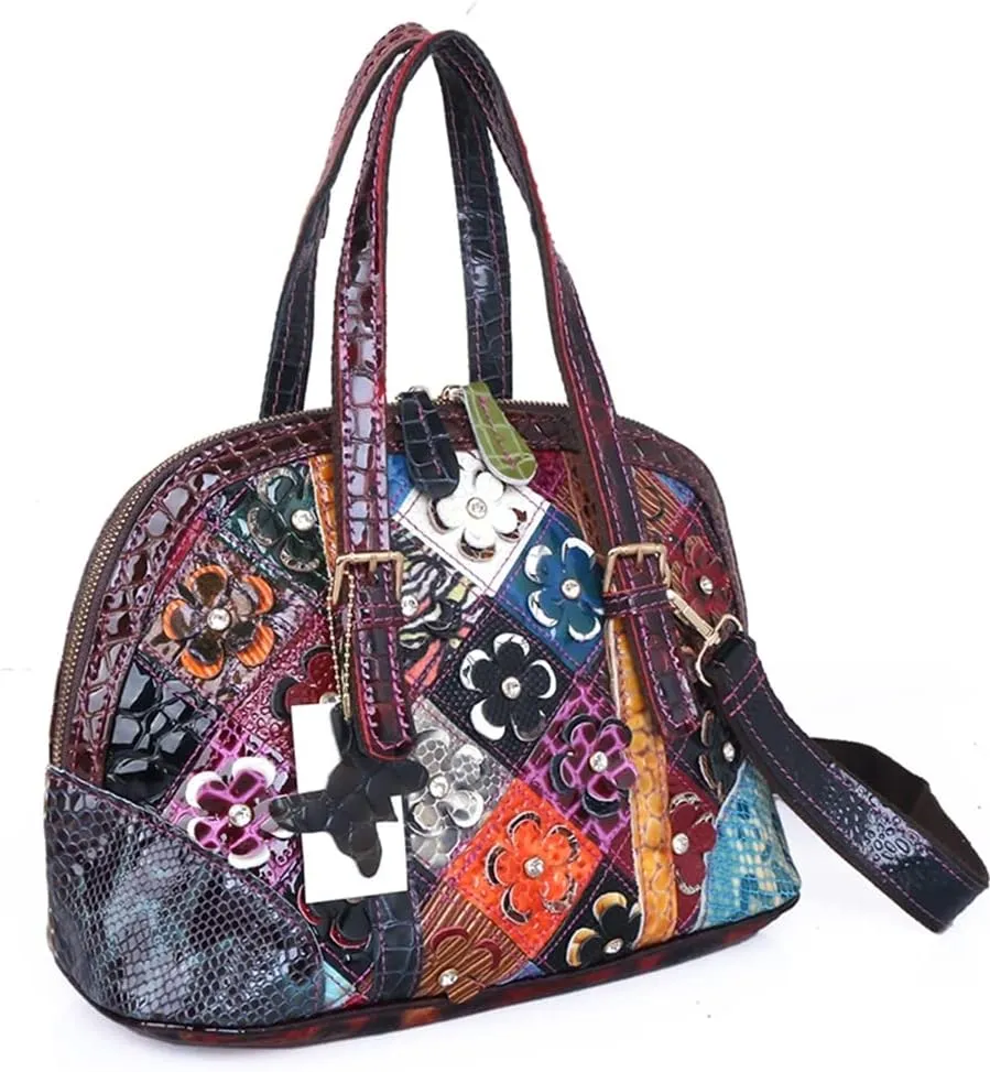 Women Multicolored Flowers Tote Genuine Leather Shell Purse Colorful Flora Shoulder Handbag Bohemian Crossbody Bag