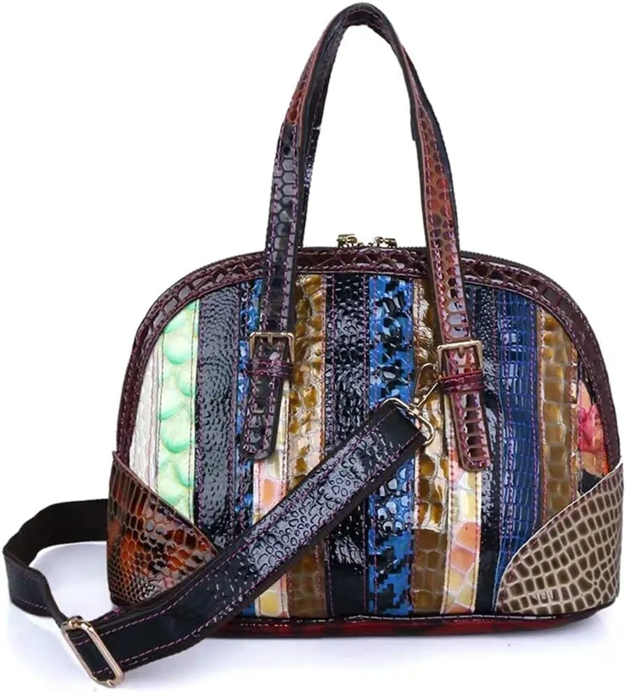 Women Multicolored Flowers Tote Genuine Leather Shell Purse Colorful Flora Shoulder Handbag Bohemian Crossbody Bag