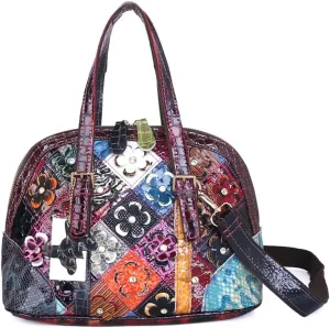 Women Multicolored Flowers Tote Genuine Leather Shell Purse Colorful Flora Shoulder Handbag Bohemian Crossbody Bag