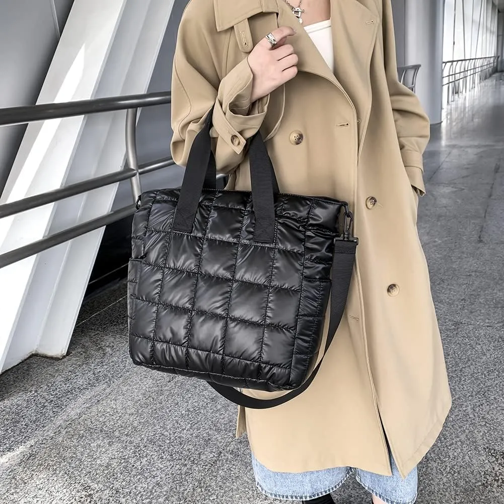 Women Padded Shoulder Bag Solid Color Quilted Simple Commuting Bag Large Capacity Puffer Satchel Bag Stylish Sling