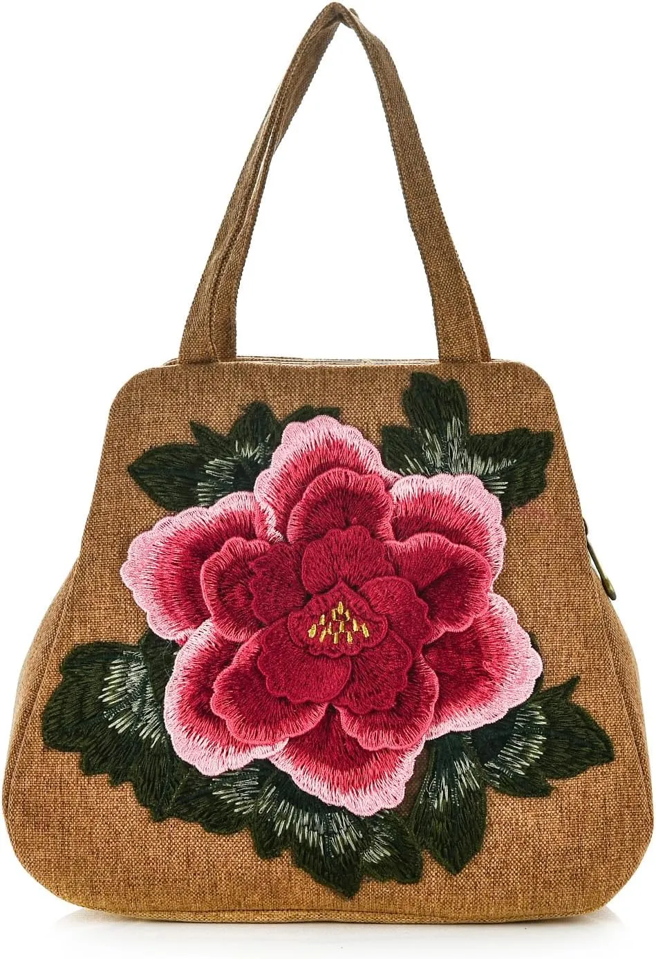 Women Retro 3D Flowers Top-handle Handbag Ladies Boho Embroidered Handmade Double Zip Tote Purse Chinese Ethnic Hobo Bag