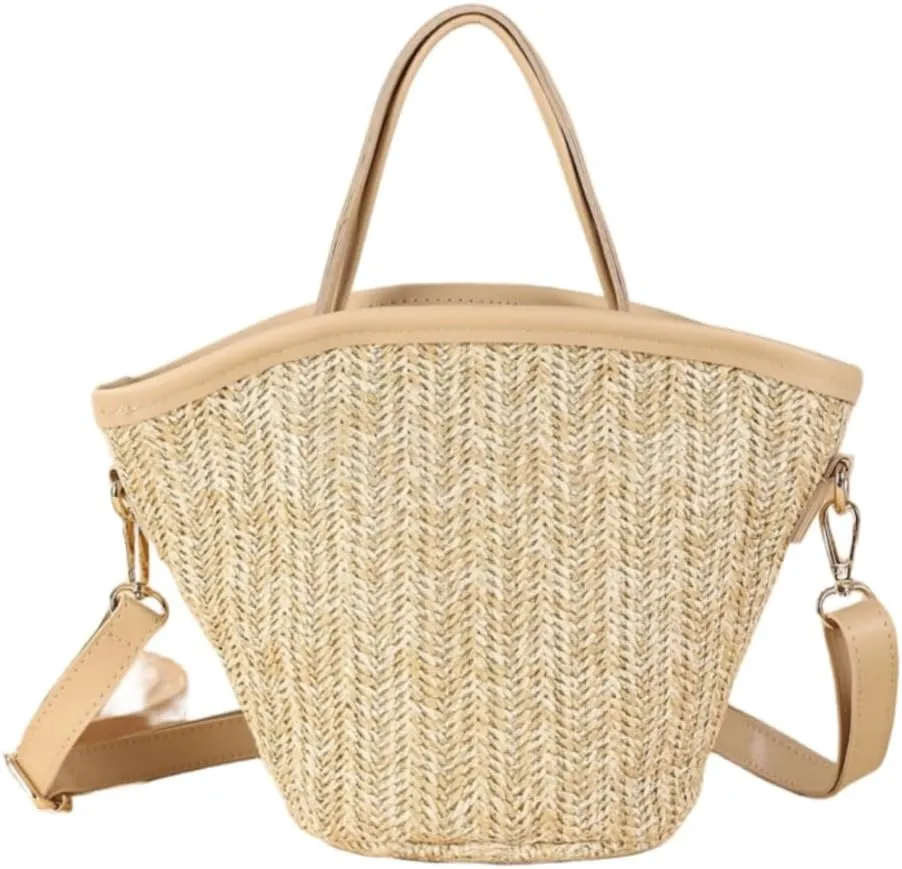 Women Straw Drawstring Bucket Purse Small Tote Shoulder Handbag Hollow Out Cross-body Bag for Summer,Beach