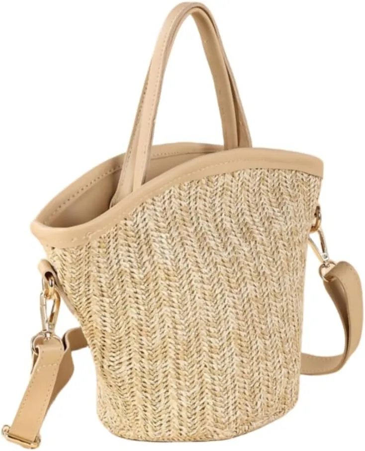 Women Straw Drawstring Bucket Purse Small Tote Shoulder Handbag Hollow Out Cross-body Bag for Summer,Beach