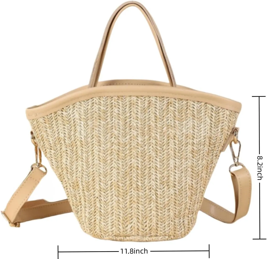 Women Straw Drawstring Bucket Purse Small Tote Shoulder Handbag Hollow Out Cross-body Bag for Summer,Beach