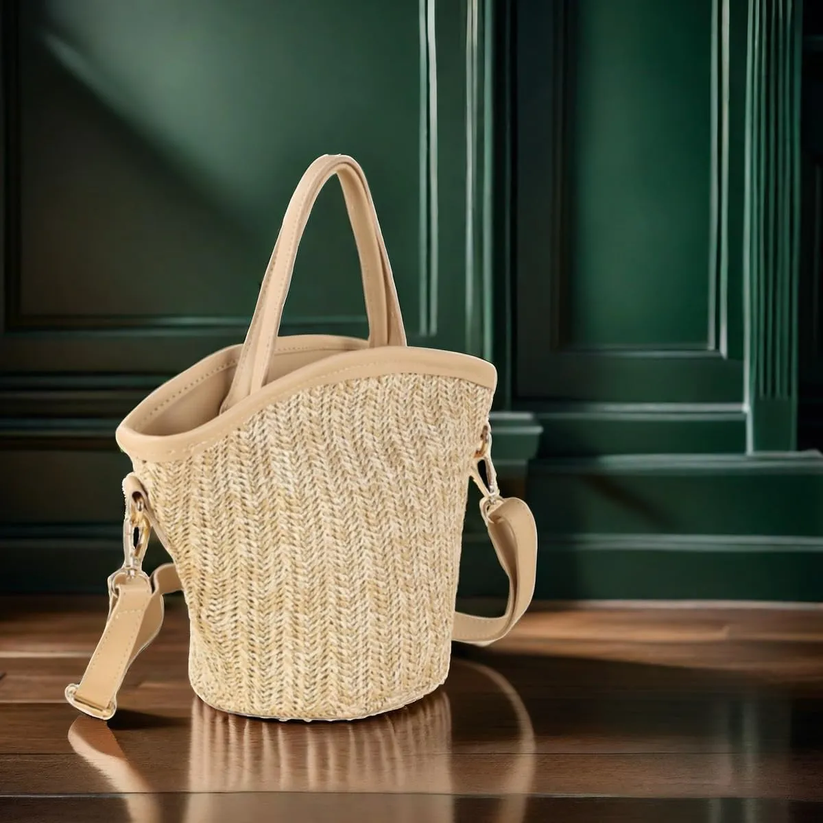 Women Straw Drawstring Bucket Purse Small Tote Shoulder Handbag Hollow Out Cross-body Bag for Summer,Beach
