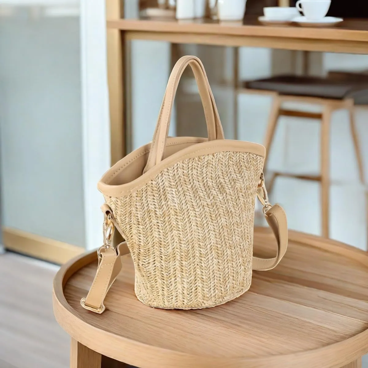 Women Straw Drawstring Bucket Purse Small Tote Shoulder Handbag Hollow Out Cross-body Bag for Summer,Beach