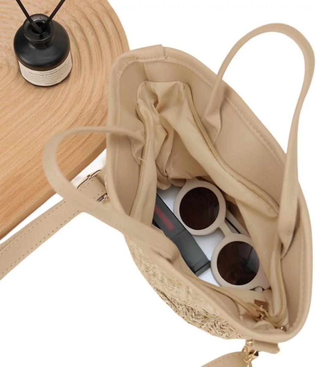 Women Straw Drawstring Bucket Purse Small Tote Shoulder Handbag Hollow Out Cross-body Bag for Summer,Beach