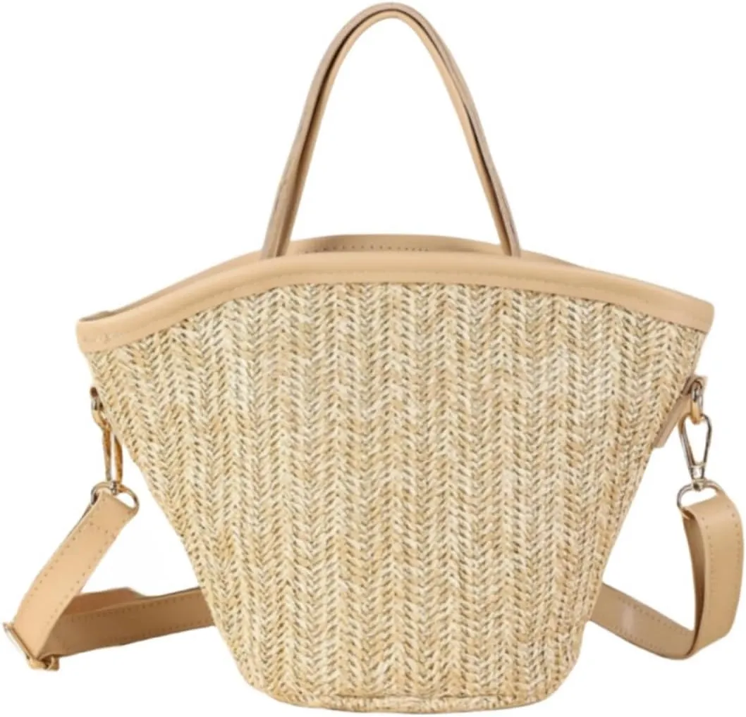 Women Straw Drawstring Bucket Purse Small Tote Shoulder Handbag Hollow Out Cross-body Bag for Summer,Beach