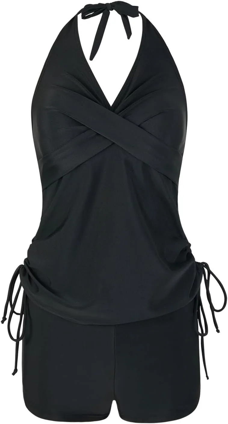 Women Two Piece Tankini Sets Halter Padded Swimwear Adjustable Drawstring Swimsuit with Boyshorts
