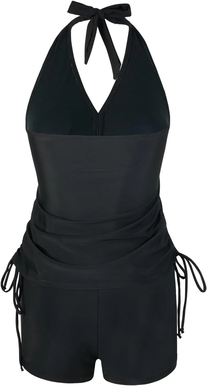 Women Two Piece Tankini Sets Halter Padded Swimwear Adjustable Drawstring Swimsuit with Boyshorts