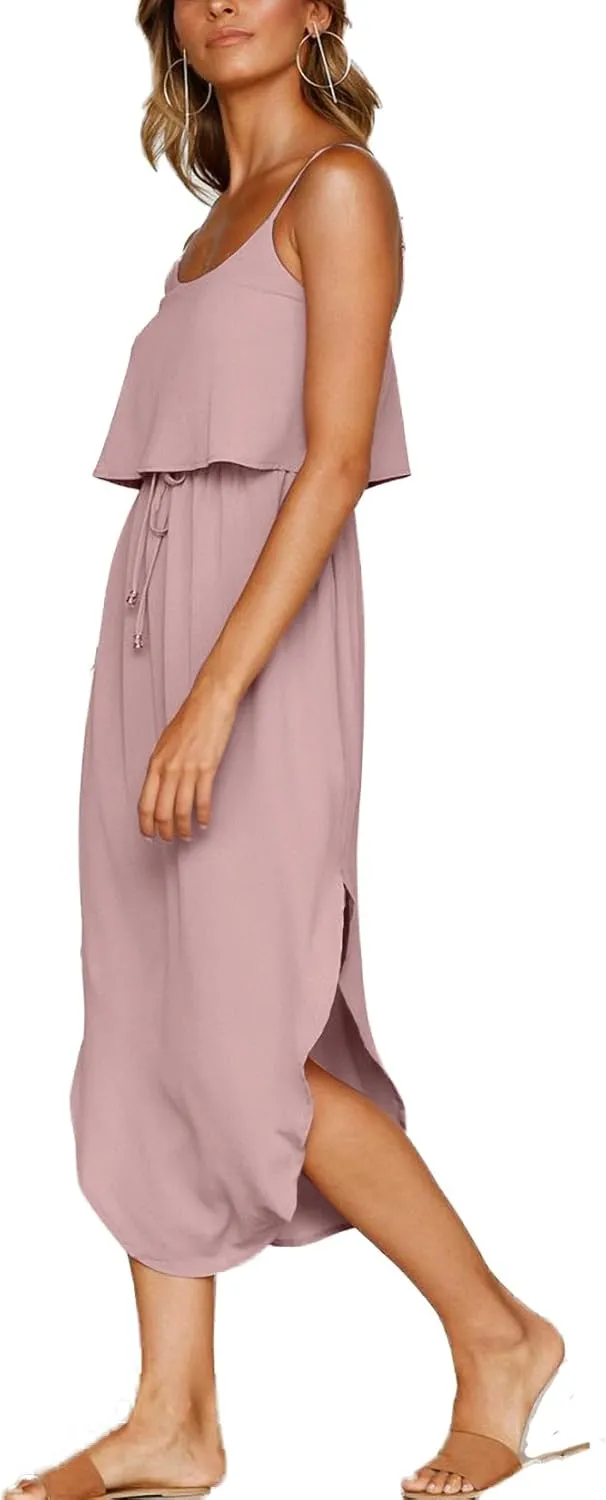 Women's Adjustable Strappy Split Summer Beach Casual Midi Dress
