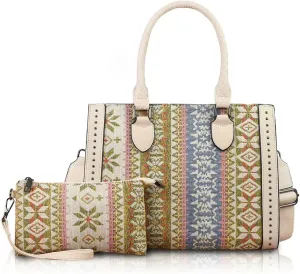 Women's Boho Tote Bag Vintage Travel Handbag Large Shoulder Bag with Adjustable Strap & Clutch Crossbody Purse for Work