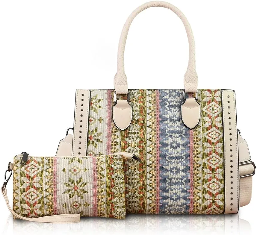 Women's Boho Tote Bag Vintage Travel Handbag Large Shoulder Bag with Adjustable Strap & Clutch Crossbody Purse for Work