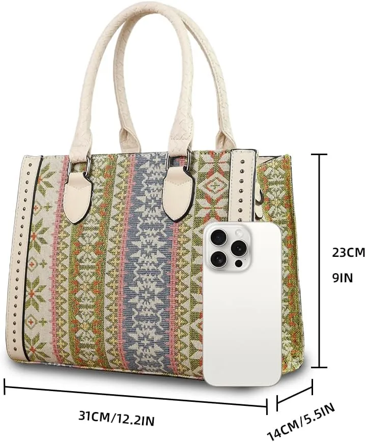 Women's Boho Tote Bag Vintage Travel Handbag Large Shoulder Bag with Adjustable Strap & Clutch Crossbody Purse for Work