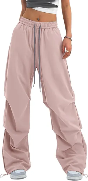 Women's Casual Parachute Pants Baggy Hiking Pants Drawstring Elastic Waist Track Y2K Trousers