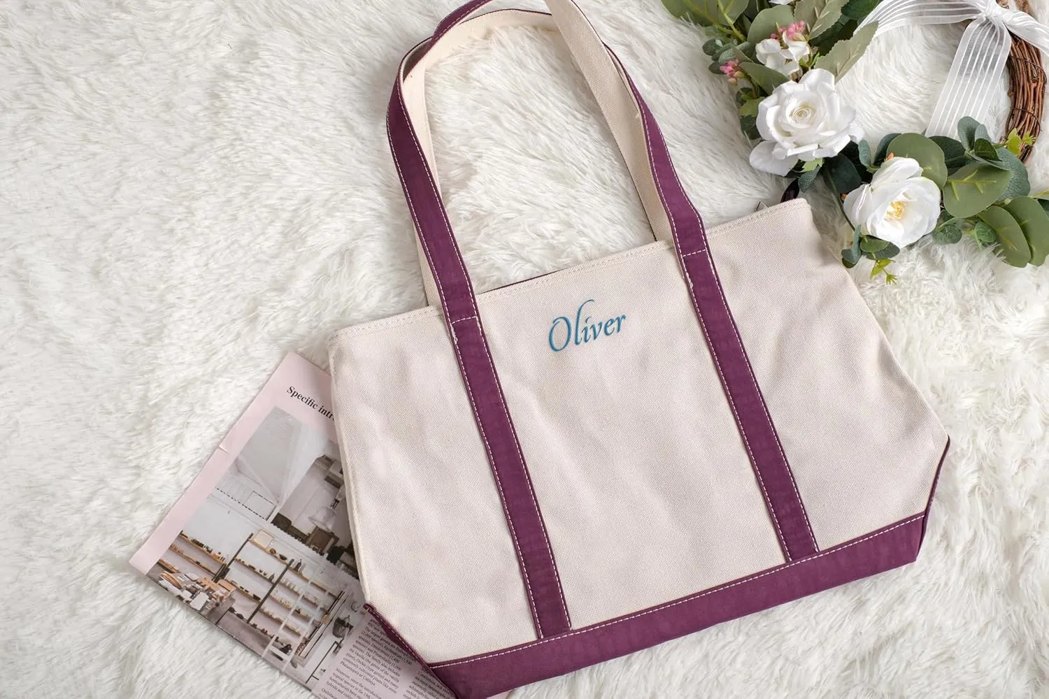 Women's Custom Embroidered Tote Bag with Name, Foldable Tote Bag with Zipper, Suitable for Travel & Work
