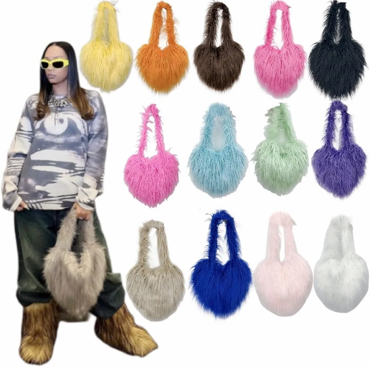 Women's Faux Fur Shoulder Bag Fleece Retro Shoulder Bag Fluffy Crossbody Bag Bag Love Shape Solid Color Purse