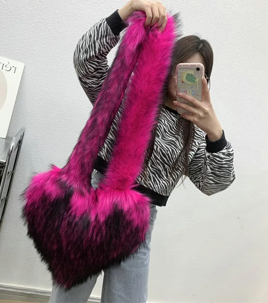 Women's Faux Fur Shoulder Purse Fleece Love Bag Heart Shape Y2k Crossbody Bag Chic Handbag Shoulder Bag