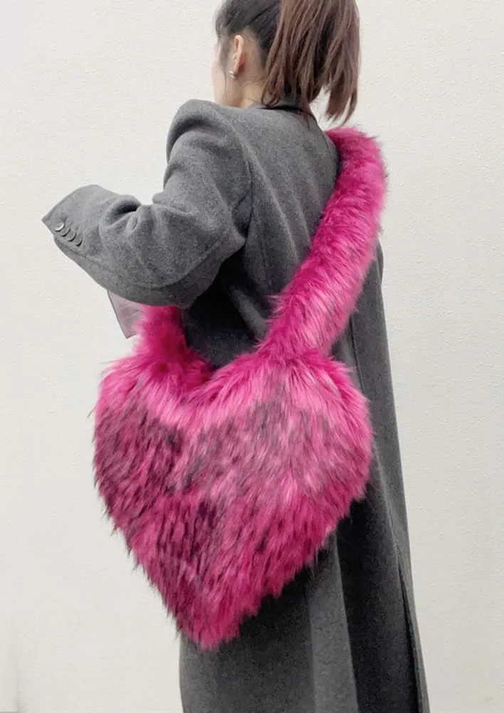 Women's Faux Fur Shoulder Purse Fleece Love Bag Heart Shape Y2k Crossbody Bag Chic Handbag Shoulder Bag