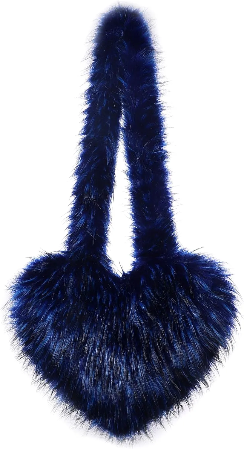 Women's Faux Fur Shoulder Purse Fleece Love Bag Heart Shape Y2k Crossbody Bag Chic Handbag Shoulder Bag