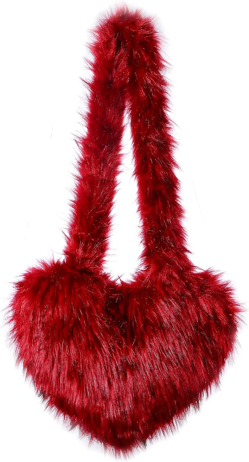 Women's Faux Fur Shoulder Purse Fleece Love Bag Heart Shape Y2k Crossbody Bag Chic Handbag Shoulder Bag