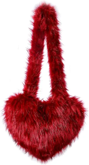 Women's Faux Fur Shoulder Purse Fleece Love Bag Heart Shape Y2k Crossbody Bag Chic Handbag Shoulder Bag