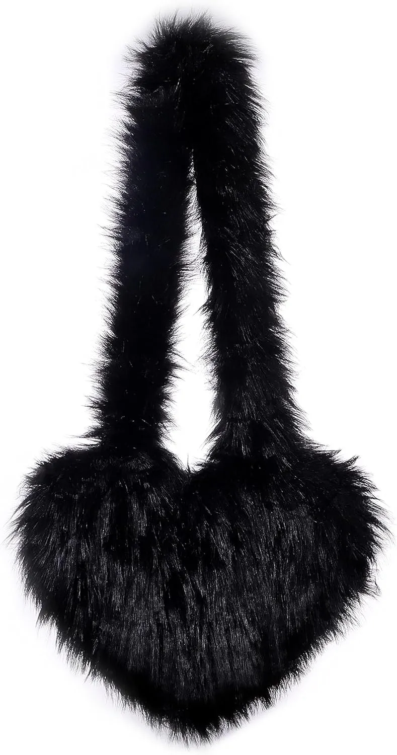 Women's Faux Fur Shoulder Purse Fleece Love Bag Heart Shape Y2k Crossbody Bag Chic Handbag Shoulder Bag