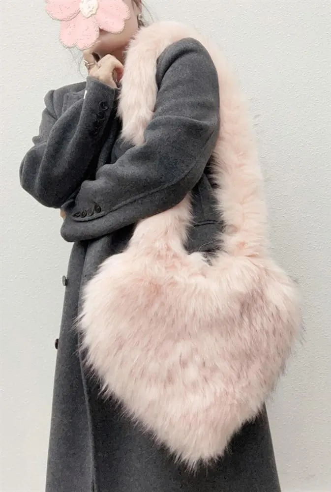 Women's Faux Fur Shoulder Purse Fleece Love Bag Heart Shape Y2k Crossbody Bag Chic Handbag Shoulder Bag
