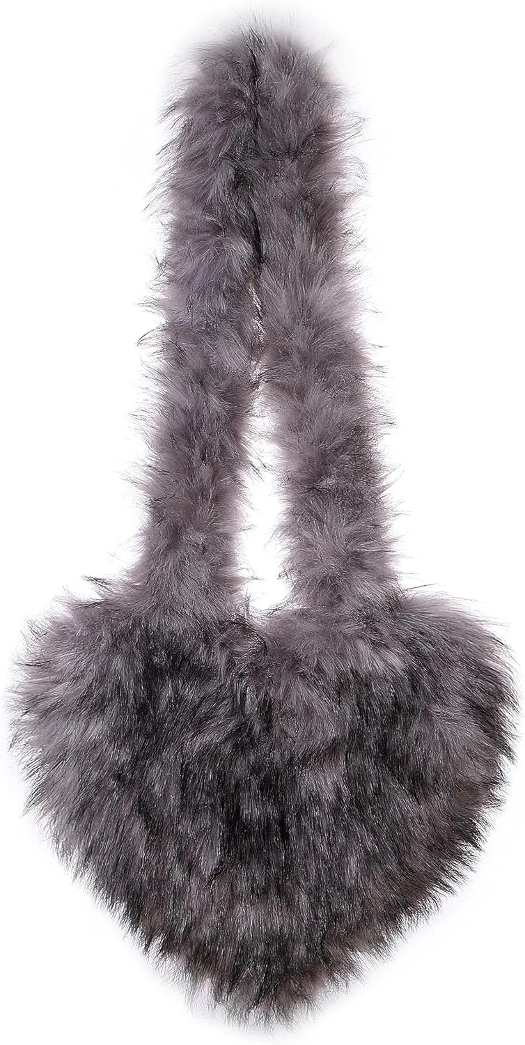 Women's Faux Fur Shoulder Purse Fleece Love Bag Heart Shape Y2k Crossbody Bag Chic Handbag Shoulder Bag
