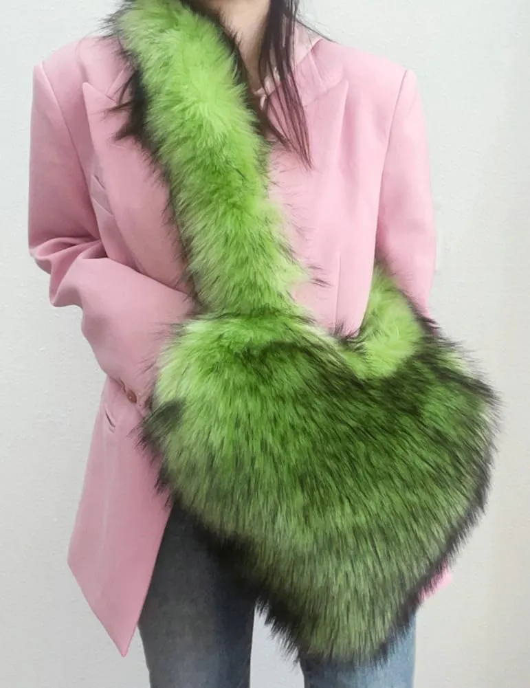 Women's Faux Fur Shoulder Purse Fleece Love Bag Heart Shape Y2k Crossbody Bag Chic Handbag Shoulder Bag
