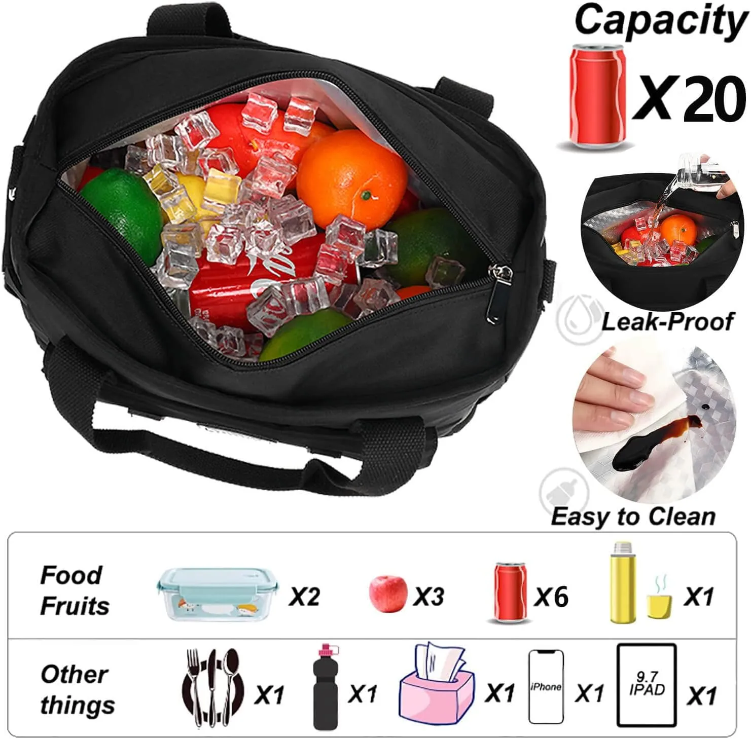 Women's Insulated Lunch Bag, Black, Nylon, 13.5" x 6.8" x 11.5"