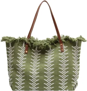 Womens Large Tote Handbag Cotton Linen Shoulder Bag Bohemian Tassel Hobo Bag for Shopping, Beach, Vacation
