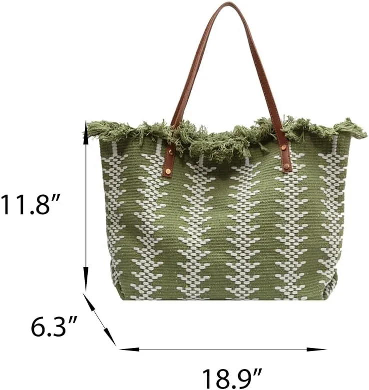 Womens Large Tote Handbag Cotton Linen Shoulder Bag Bohemian Tassel Hobo Bag for Shopping, Beach, Vacation