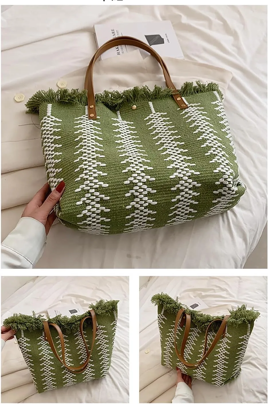 Womens Large Tote Handbag Cotton Linen Shoulder Bag Bohemian Tassel Hobo Bag for Shopping, Beach, Vacation