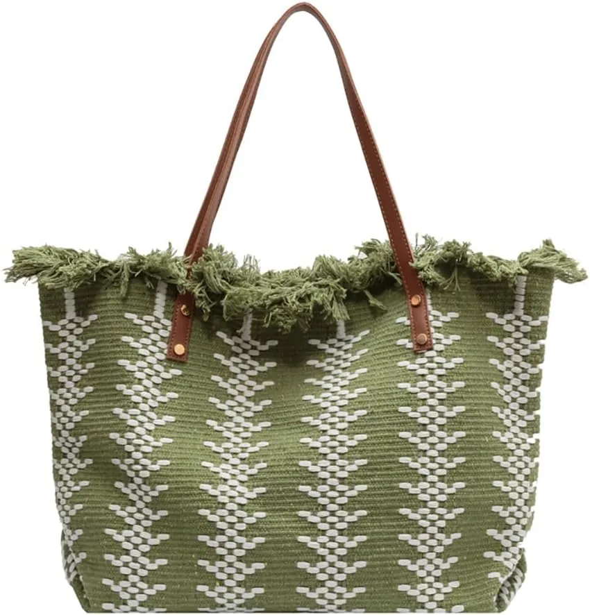 Womens Large Tote Handbag Cotton Linen Shoulder Bag Bohemian Tassel Hobo Bag for Shopping, Beach, Vacation