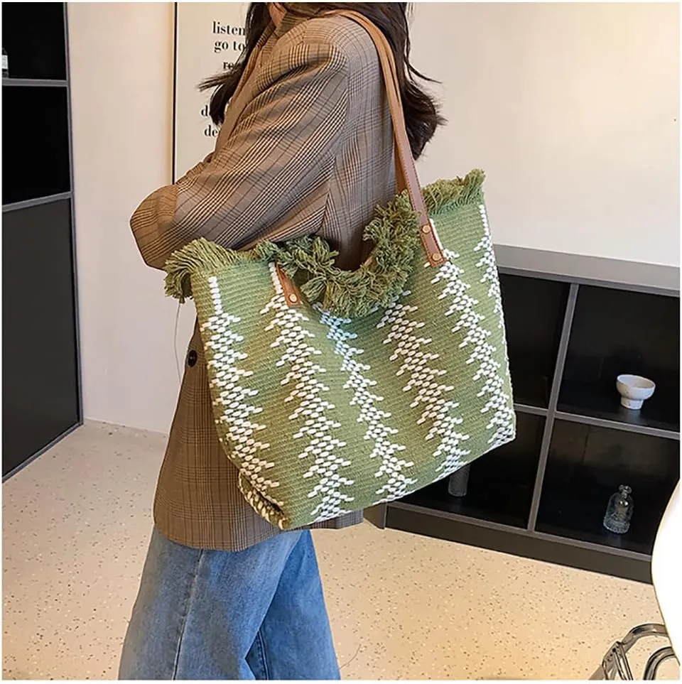 Womens Large Tote Handbag Cotton Linen Shoulder Bag Bohemian Tassel Hobo Bag for Shopping, Beach, Vacation
