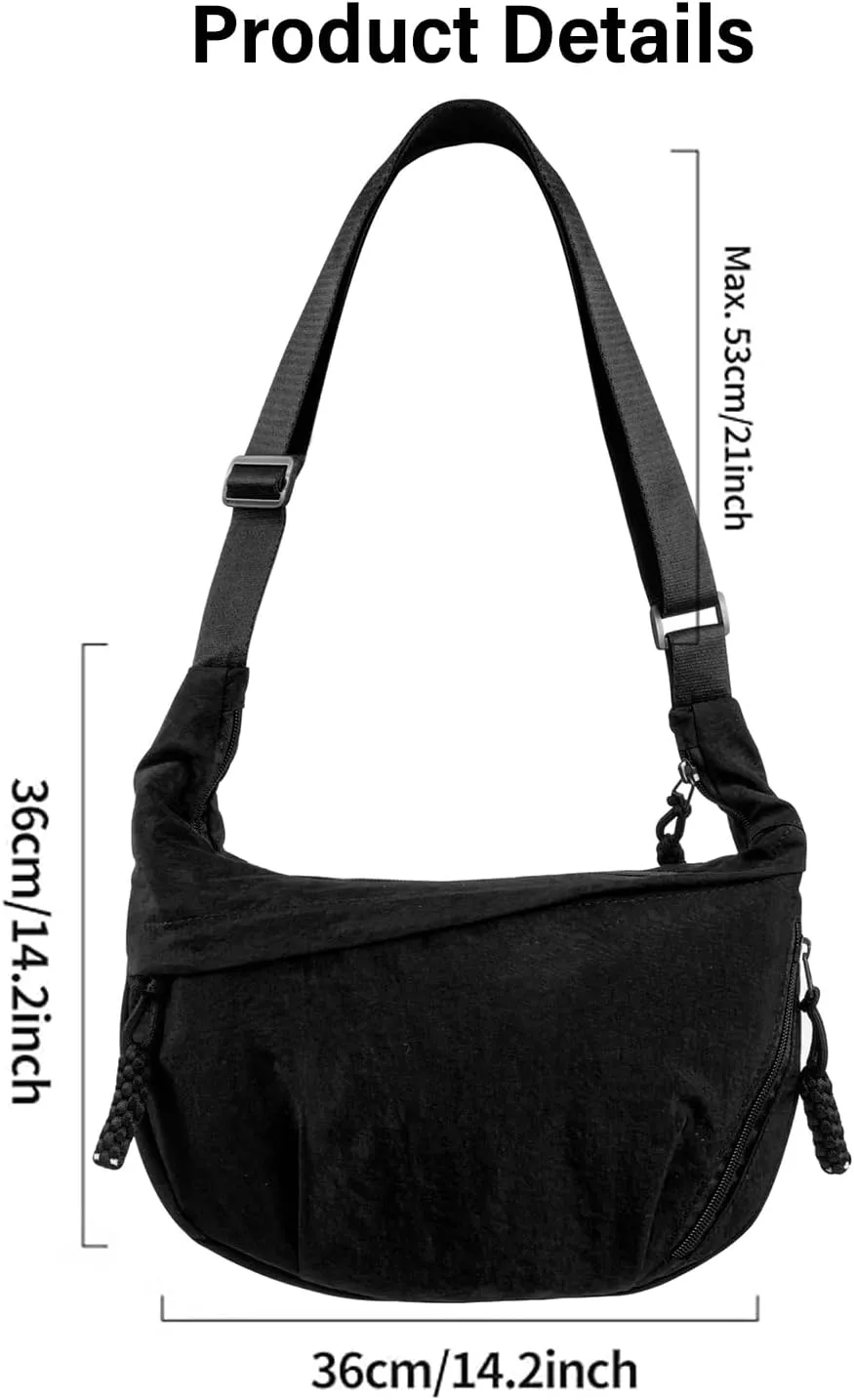 Women's Nylon Hobo Crescent Crossbody Bag, Multi-Pocket Sling Bag, Half Moon Shoulder Purse
