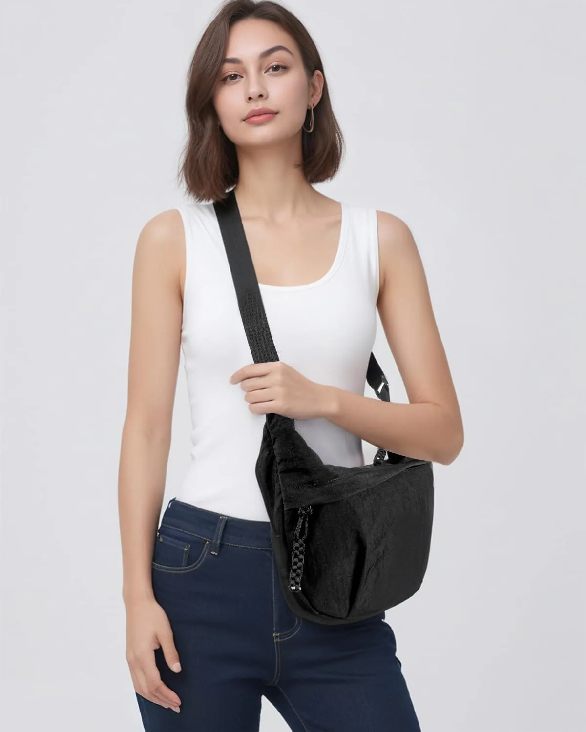 Women's Nylon Hobo Crescent Crossbody Bag, Multi-Pocket Sling Bag, Half Moon Shoulder Purse