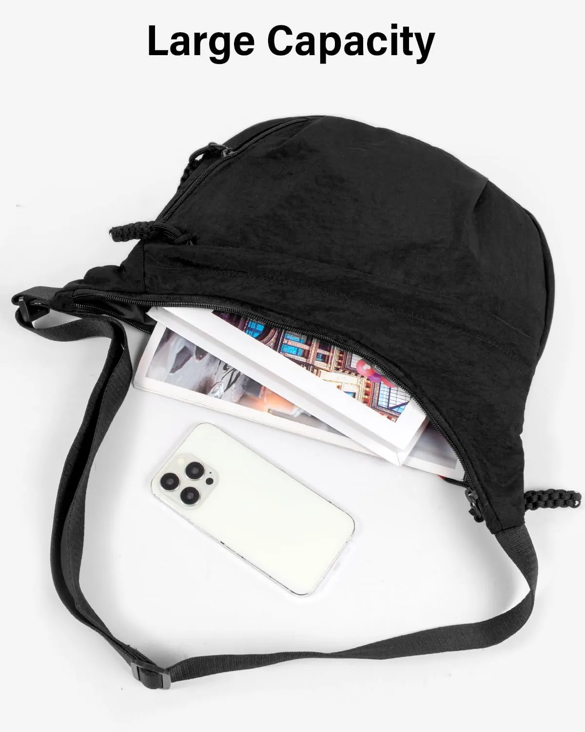 Women's Nylon Hobo Crescent Crossbody Bag, Multi-Pocket Sling Bag, Half Moon Shoulder Purse