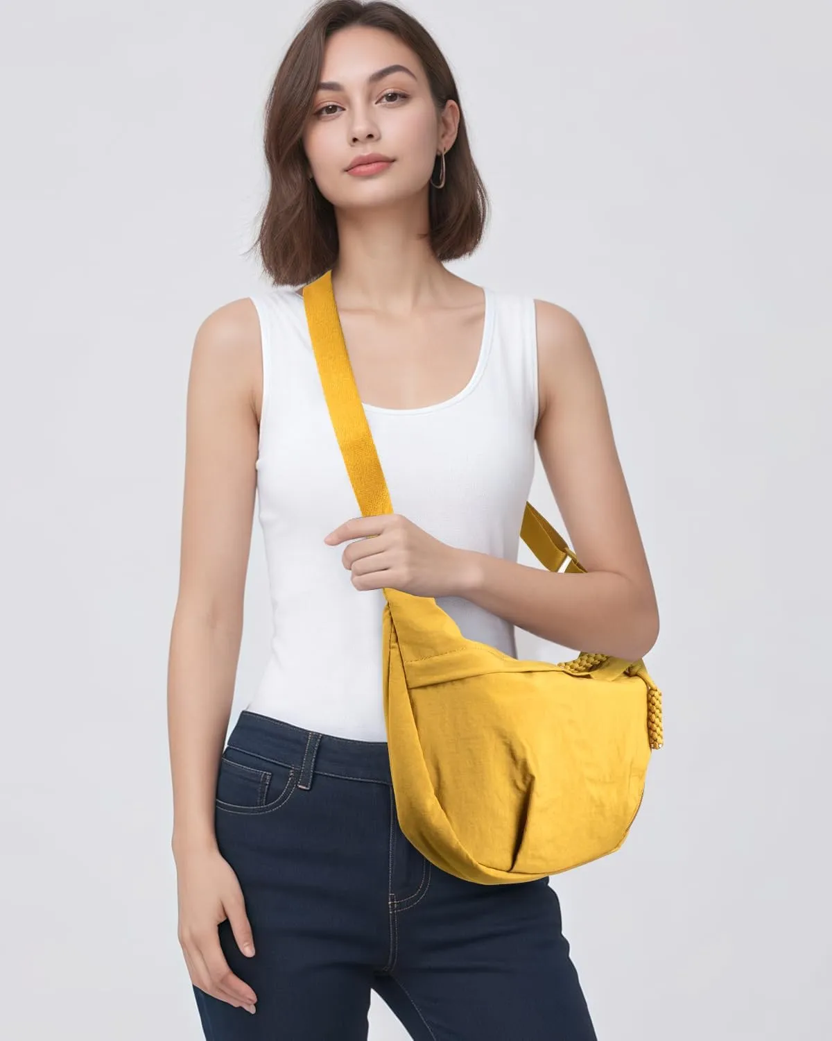 Women's Nylon Hobo Crescent Crossbody Bag, Multi-Pocket Sling Bag, Half Moon Shoulder Purse