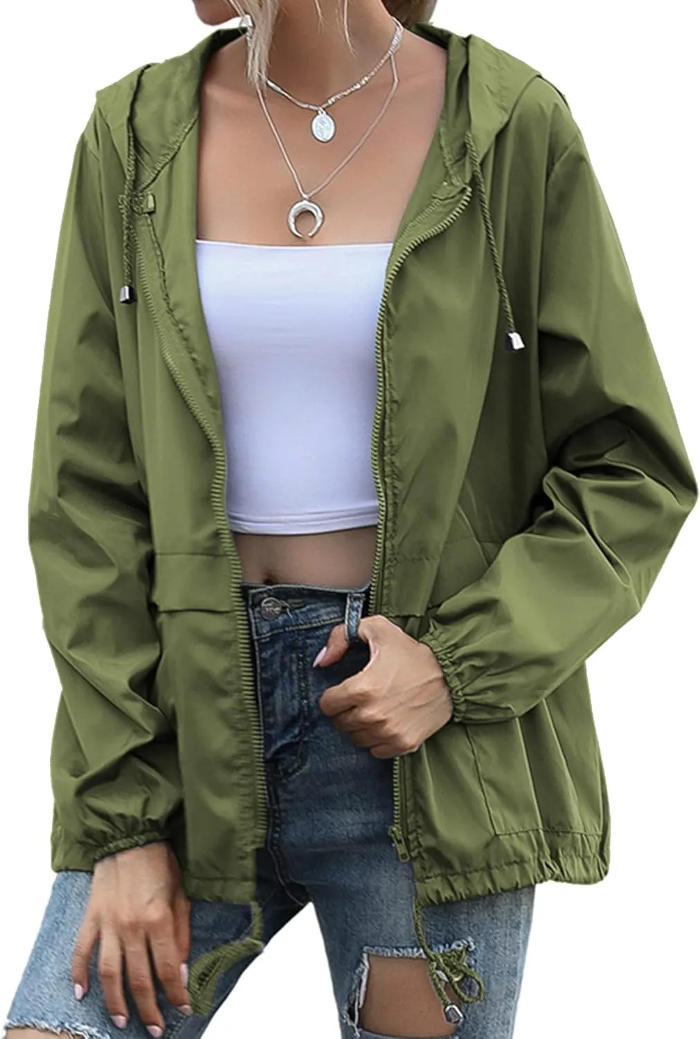 Women's Raincoats Lightweight Waterproof Windproof Adjustable Windbreaker Rain Jackets Hooded with Pockets S-XXL