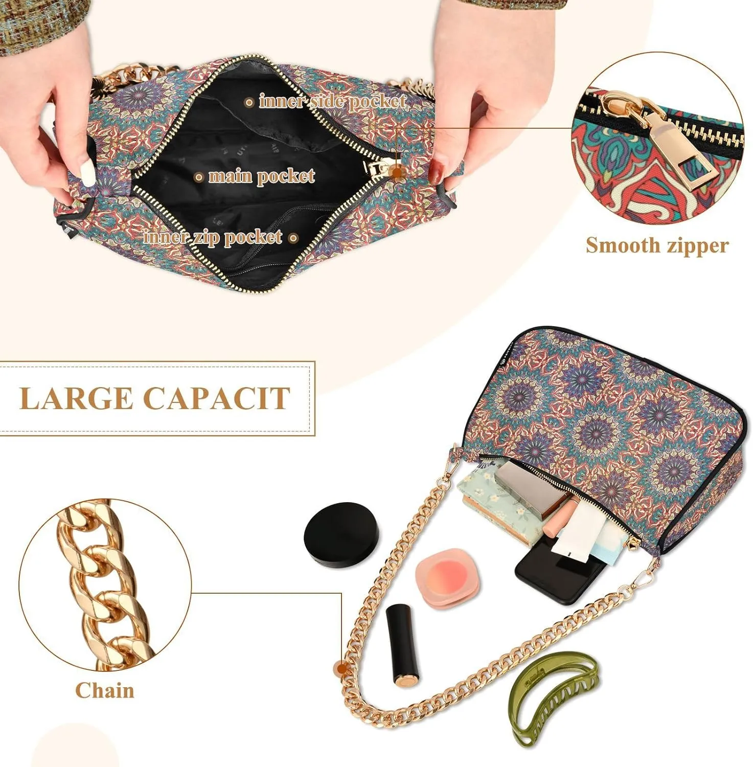 Women's Shoulder Handbags Chain Shoulder Brace for Women Bag Bohemian Pattern Ladies Vacation Handbags Tote Purse,Multi1