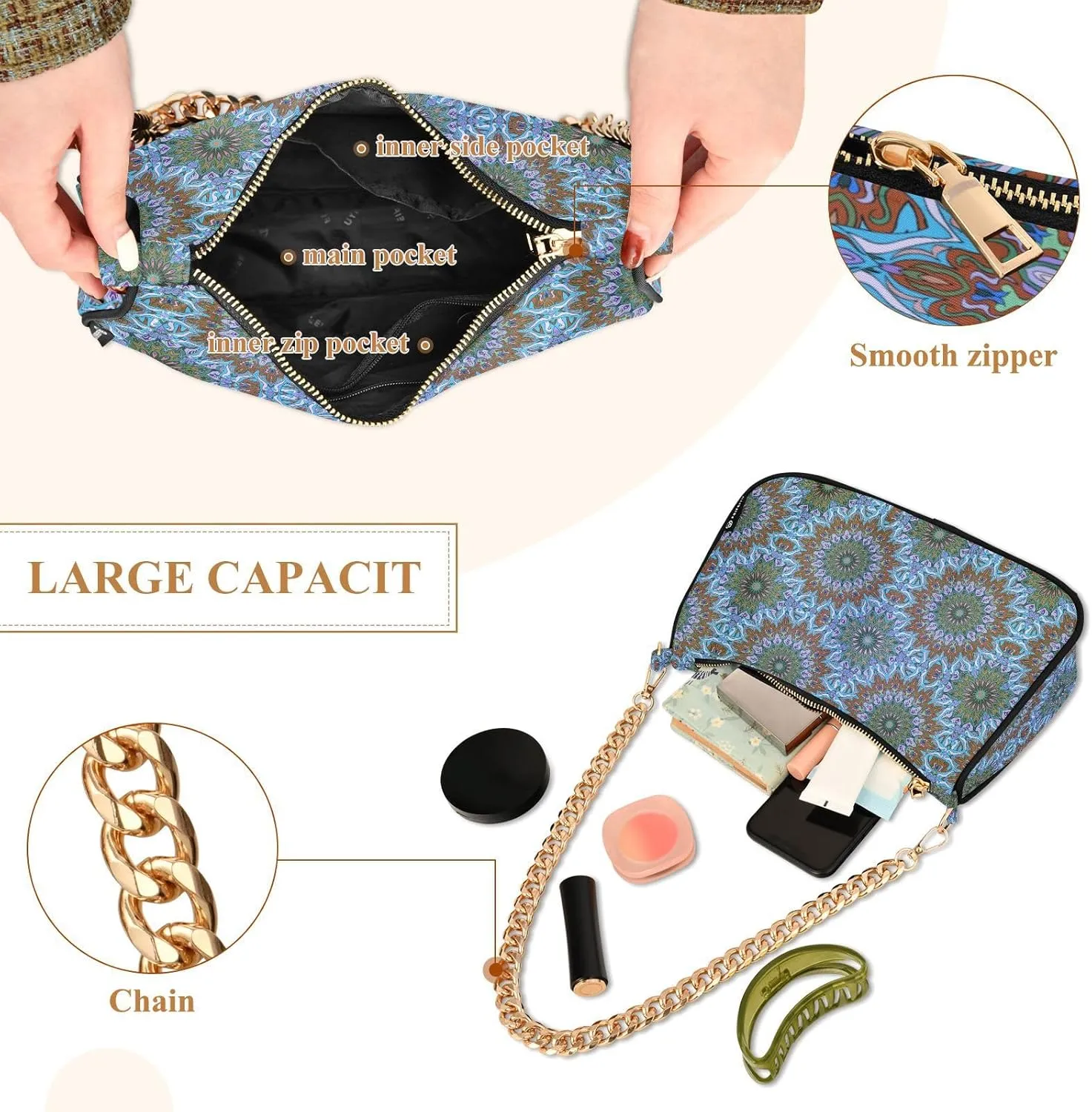 Women's Shoulder Handbags Chain Shoulder Brace for Women Bag Bohemian Pattern Ladies Vacation Handbags Tote Purse,Multi1