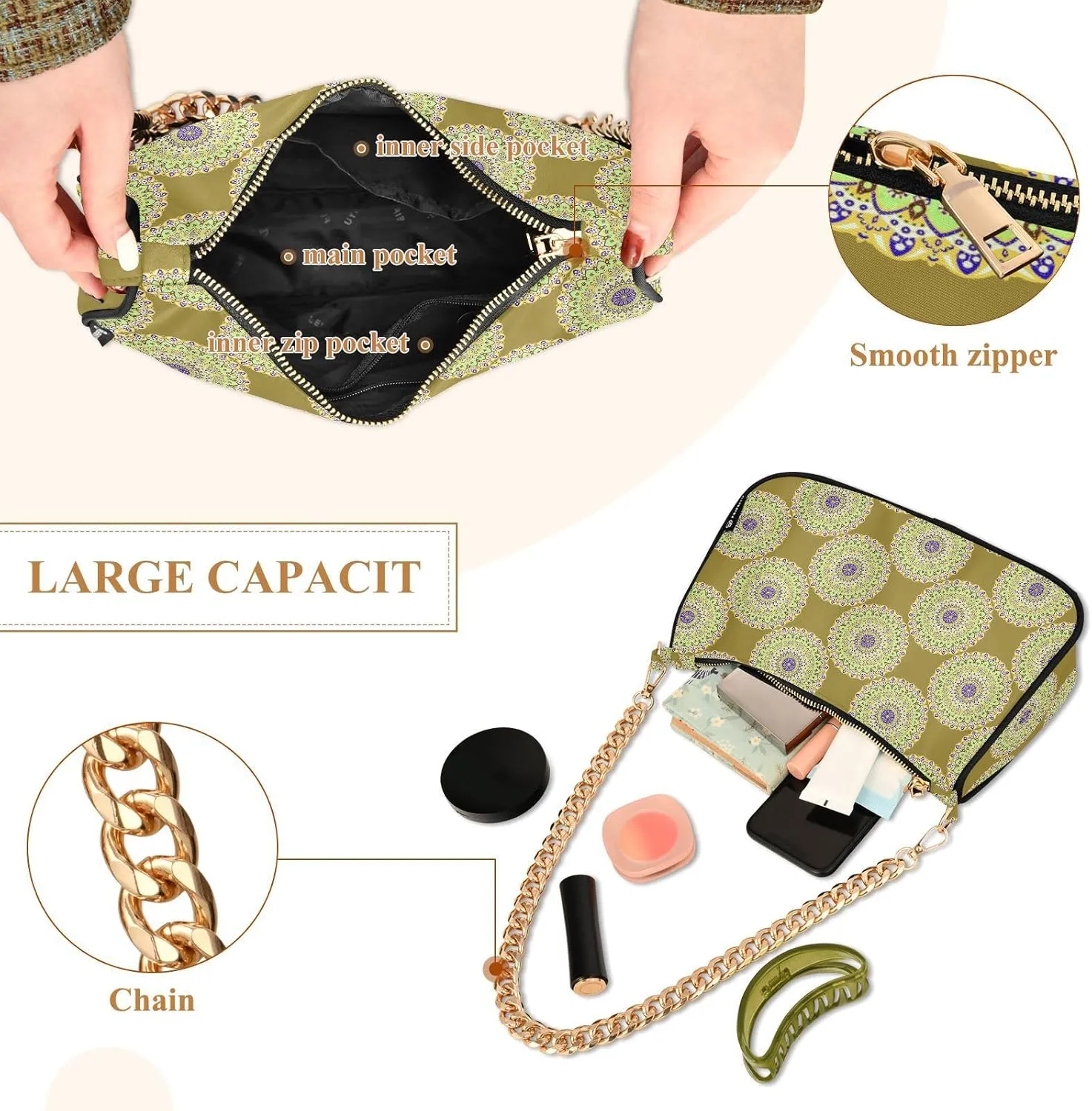 Women's Shoulder Handbags Chain Shoulder Brace for Women Bag Bohemian Print Ladies Vacation Handbags Tote Purse,Multi1