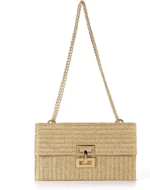 Women's Shoulder Straw Bag, Boho Tote Handbag, Beach Straw Clutch Purse with Chain Strath, Crossbody Bag for Summer Evening
