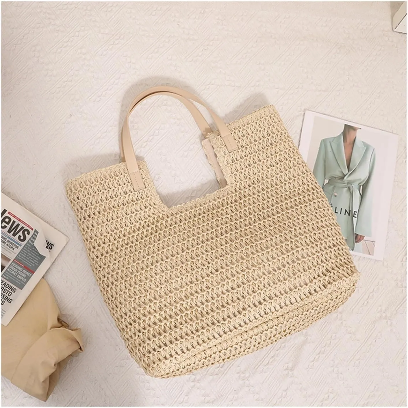 Women's single-shoulder straw bag, simple large-capacity tote bag, seaside holiday commuting