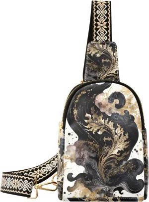 Women’s Sling Bag Black Gold Fluid Print with Adjustable Strap Zipper Closure, PU Leather Water Resistant Crossbody Bag Purse Chest Bag