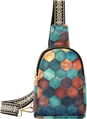 Women’s Sling Bag Vintage Hexagon Print with Adjustable Strap Zipper Closure, PU Leather Water Resistant Crossbody Bag Purse Chest Bag