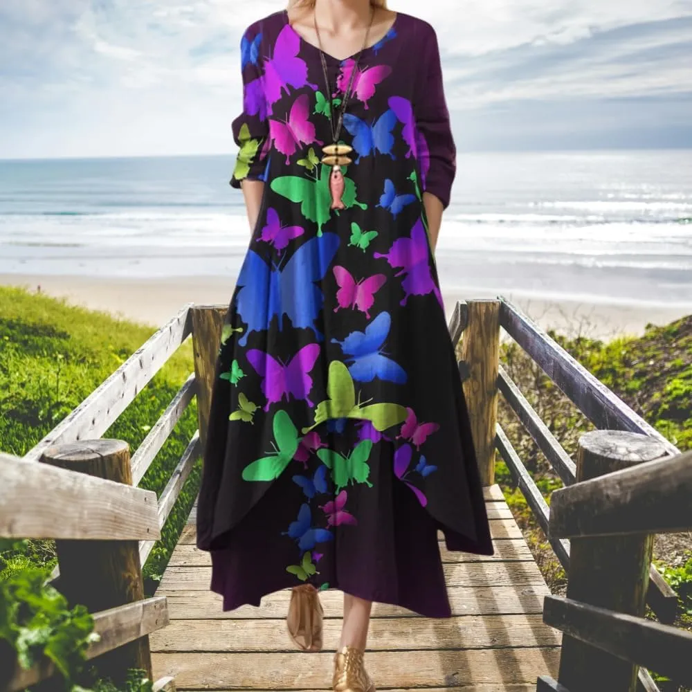 Women's Spring Linen Boho Floral Fake 2 Piece Irregular Hem Maxi Dress Summer Crewneck 3/4 Sleeve Dresses with Pocket