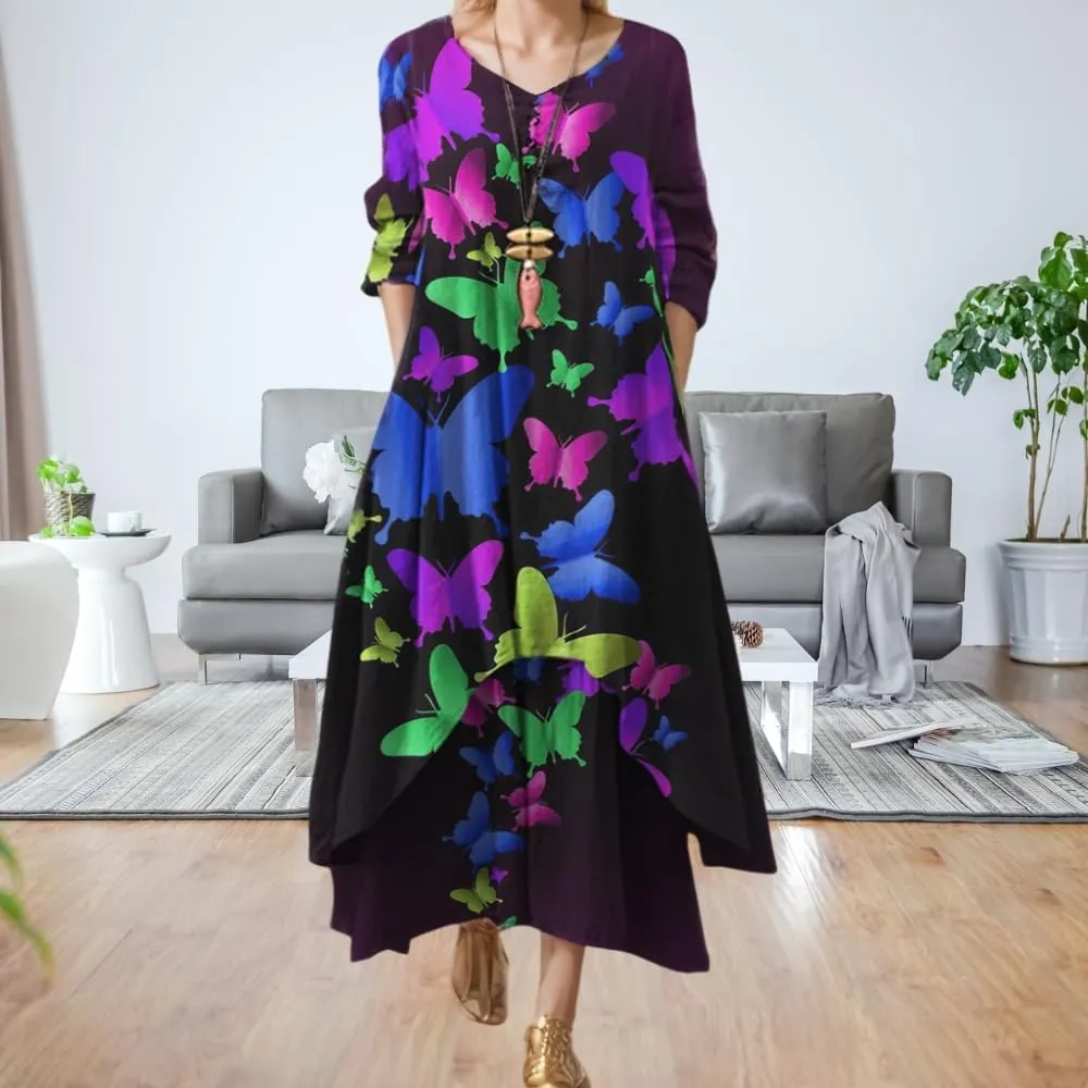 Women's Spring Linen Boho Floral Fake 2 Piece Irregular Hem Maxi Dress Summer Crewneck 3/4 Sleeve Dresses with Pocket